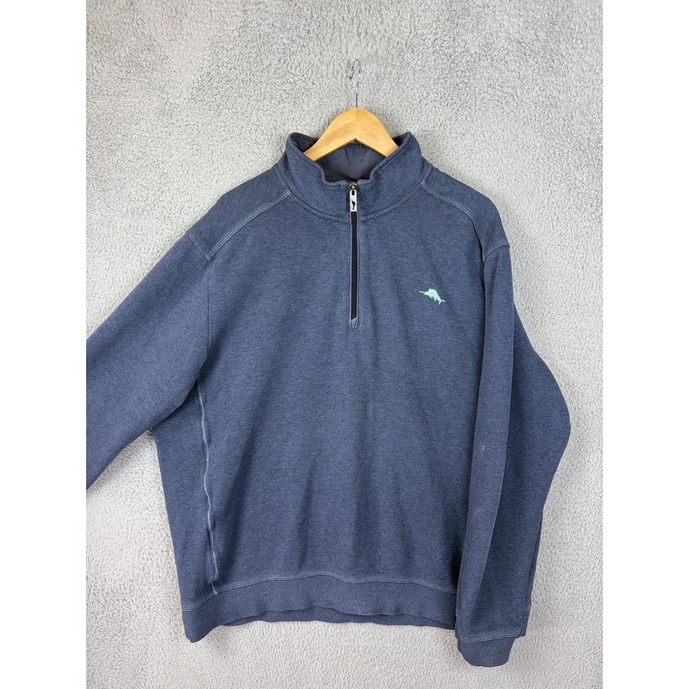 Tommy Bahama Sweatshirt Mens XL Blue 1/4 Zip Mock Neck Pullover Marlin Logo Men